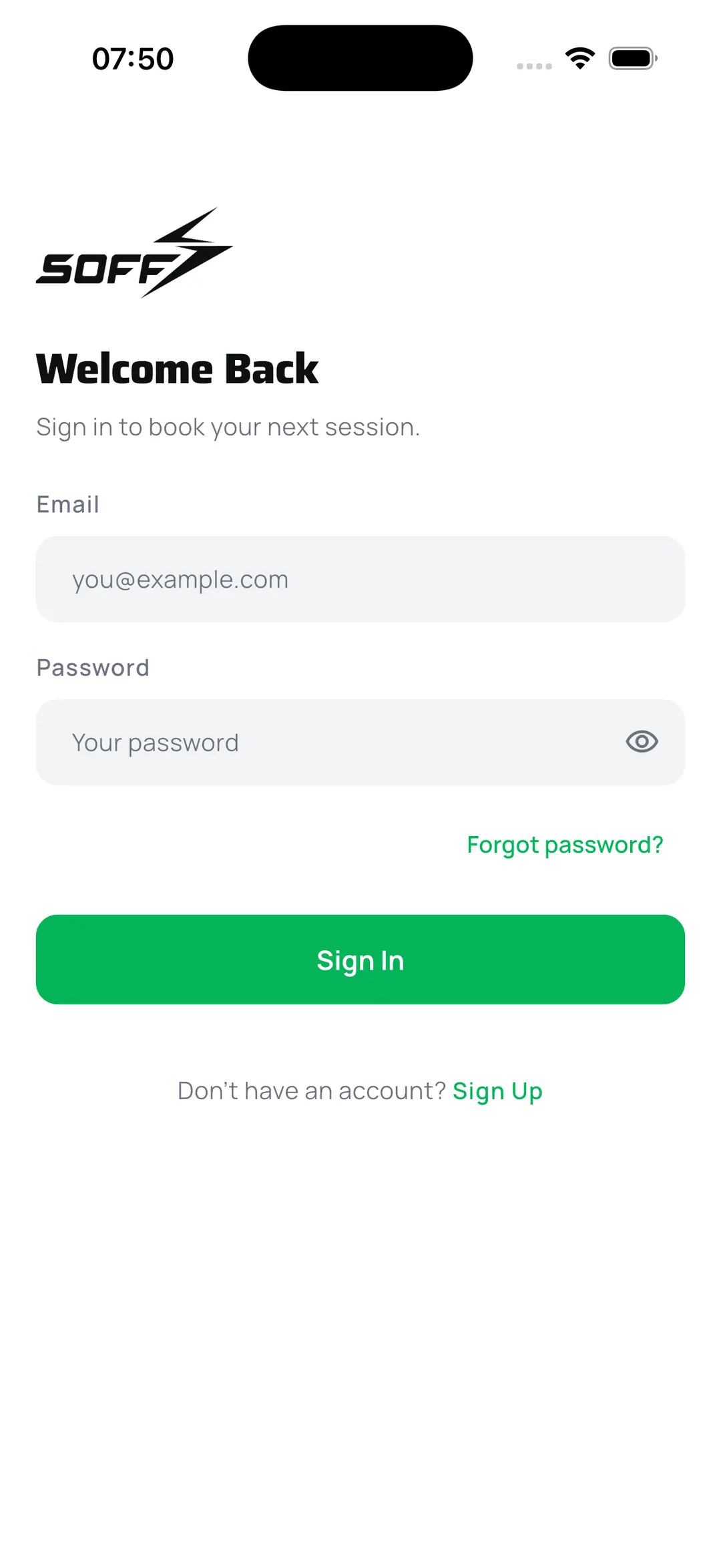 The SOFF Sports customer app sign-in screen