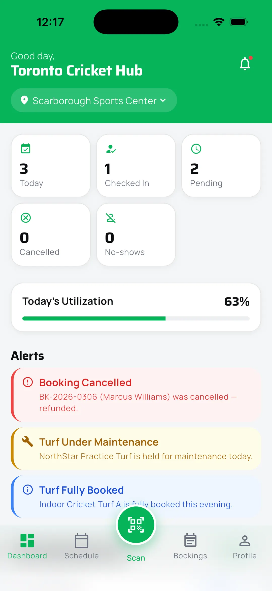The SOFF vendor app dashboard showing today's bookings, check-ins, utilization and alerts